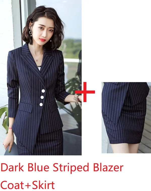 Dark Blue Striped Модные стили Осень Зима Формальные Деловые костюмы с курткой и юбкой для женщин профессиональные OL блейзеры наборы униформы - Цвет: Dark Blue Striped