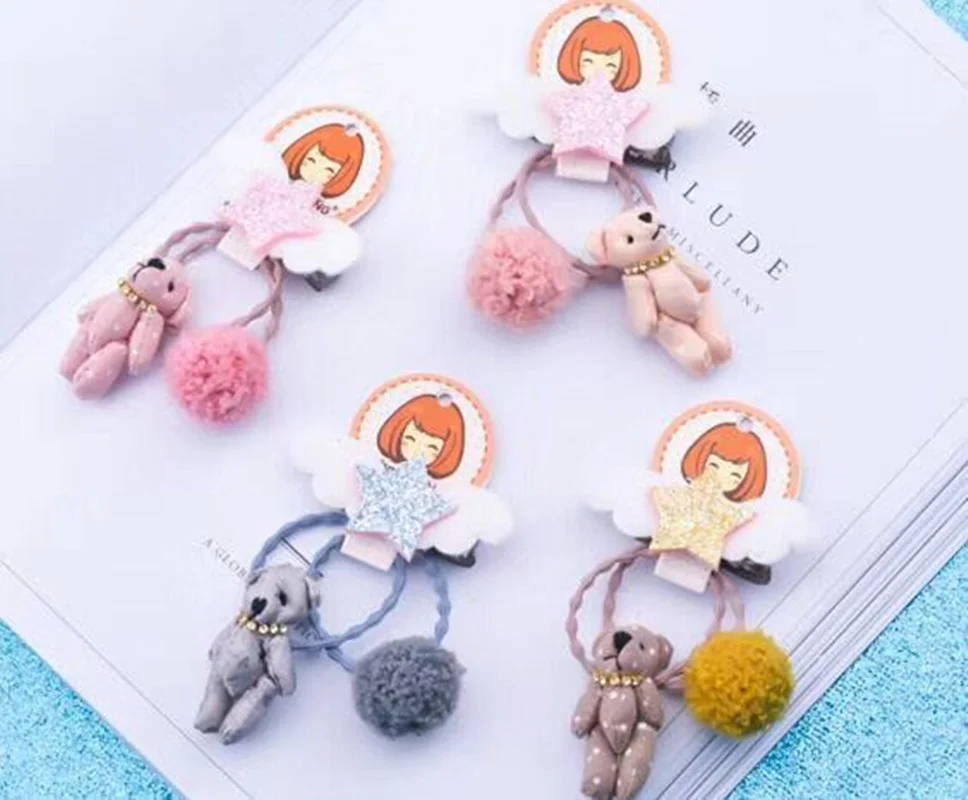 3-4pcs/set New Delicate cloth bear elastic hair band Pom pom ball hair rope rubber band personality princess hair accessories