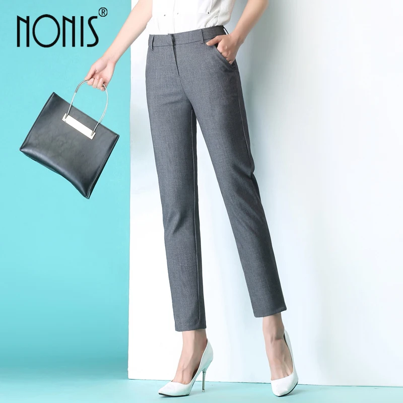 

Nonis Women Black Gray business Formal Pants Office Ladies Work Wear Mid waist straight trousers Plus Size Femme Pantalon