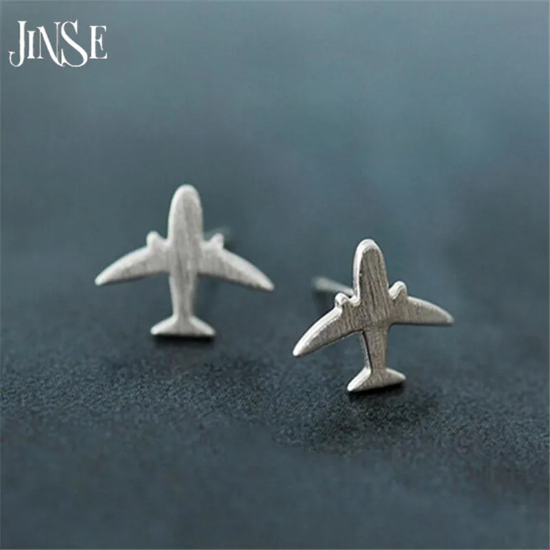 

JINSE Real 925 Sterling Silver Aircraft Airplane Plane Stud Earrings Women's Handmade Pure Silver Jewelry 2017 New