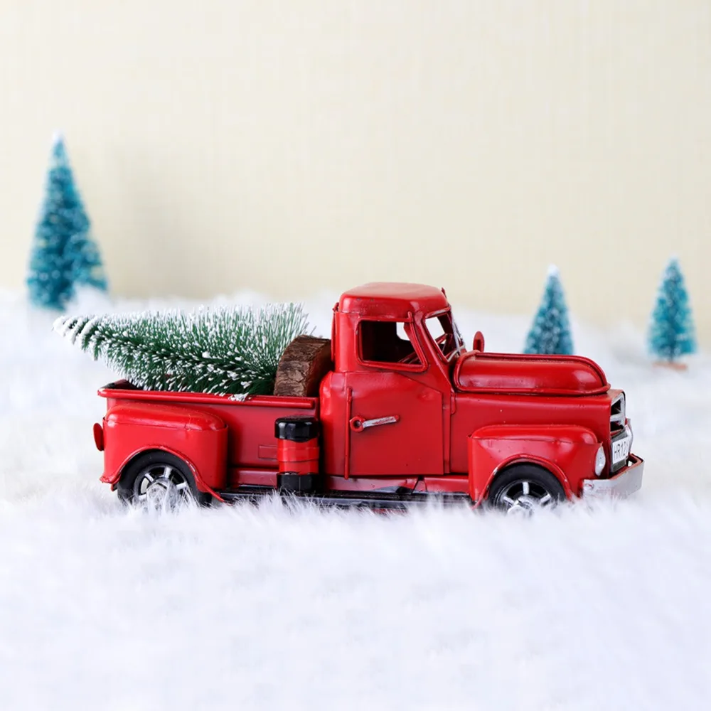 OurWarm Cute Little Metal Christmas Red Truck Vintage Red Truck Christmas Tree Decor Handcrafted Kid Gift Table Top Decor Home