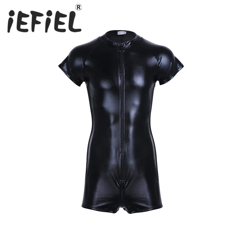 

iEFiEL Black Mens Patent Leather Short Sleeves Front Zipper One-piece Leotard Boxer Bodysuit Jumpsuit Male Nightclub Clothes