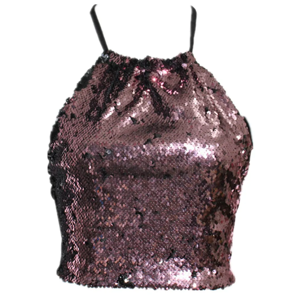

Womens Vest Cropped Tank Top Camisole Sleeveless T-Shirt Short Glitter Sequins Sexy Fashion Party Evening Camis Summer Camisole
