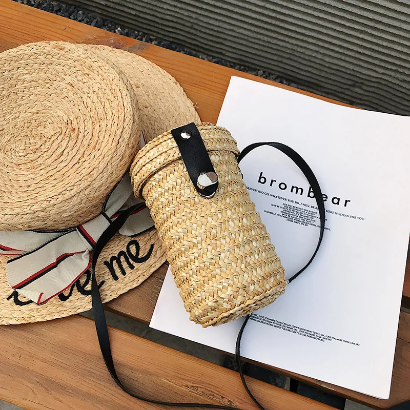 

2019 New Summer Small Straw Messenger Bag Solid Hasp Party Woven Rattan Bag Barrel-shaped Change Purse Phone Pouch Ladies Bag