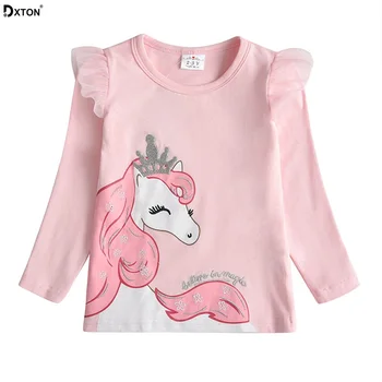 Dxton Baby Girls T Shirt Long Sleeve Tshirt for Kids Applique Unicorn Tees Cotton Children Winter Clothing Girls Cartoon Costume 1