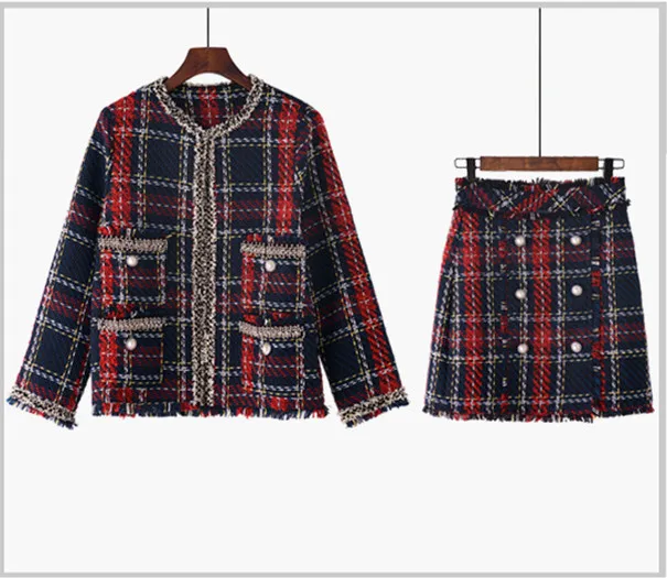 Chic women plaid tweed jackets coat + buttons A-line skirts D705