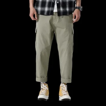 

Men Jeans Ankle-Length Denim Pant Big pocket Harlan Casual Pants Men Loose Straight Cotton Multi-pocket Cargo Jeans