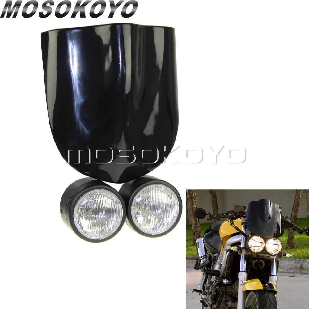 Twin Round Dominator Dual Streetfighter Motorcycle Headlight W/Windshield Screen