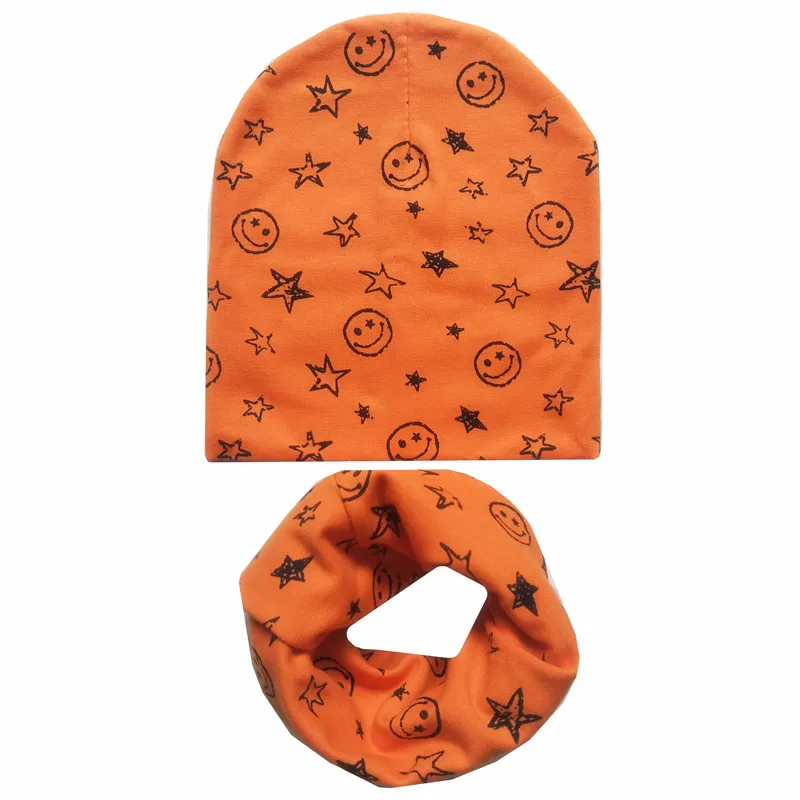 Осенне-зимние хлопковые детские наборы шарф шапка с принтом смайлика для маленьких мальчиков и девочек вязаная крючком Детская шапка детские шарфы воротник 2 шт - Цвет: orange smile