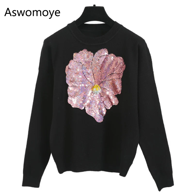 

2018 New Spring Women Sweater Pullovers O-neck Full Sleeve Top Knitwear Appliques Sequins Flower Female Jumper Haute Couture