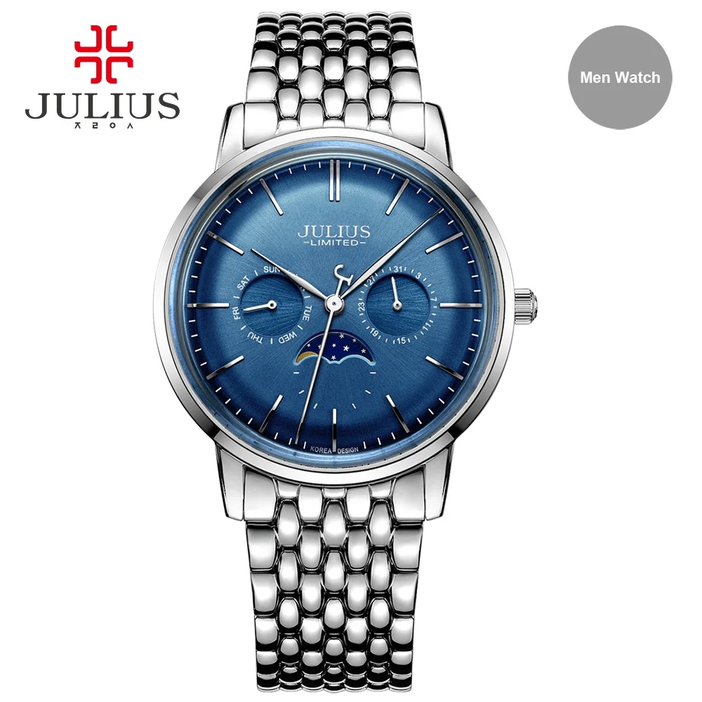 Julius Мода Досуг 316L сталь дорогой кварц Ограниченная серия Moon Phase Высокое качество логотип бренда хронограф часы JAL-041