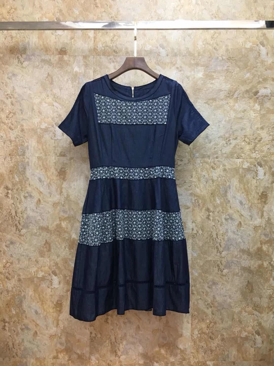 High Quality Denim Dress Summer Casual Vestidos Women O-Neck Flower Embroidery Patchwork Short Sleeve Blue Jeans Dress Lady