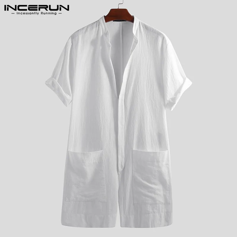 

INCERUN Wide Leg Rompers Men Jumpsuit Cotton Solid Color Button Pockets Loose Casual Pants Men Playsuit Overalls Streetwear 2019