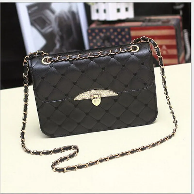 Корейской леди небольшой лоскут кожи цепи слинг плечо кроссбоди Purese и сумки ватные швейные нитки с поворотным замком