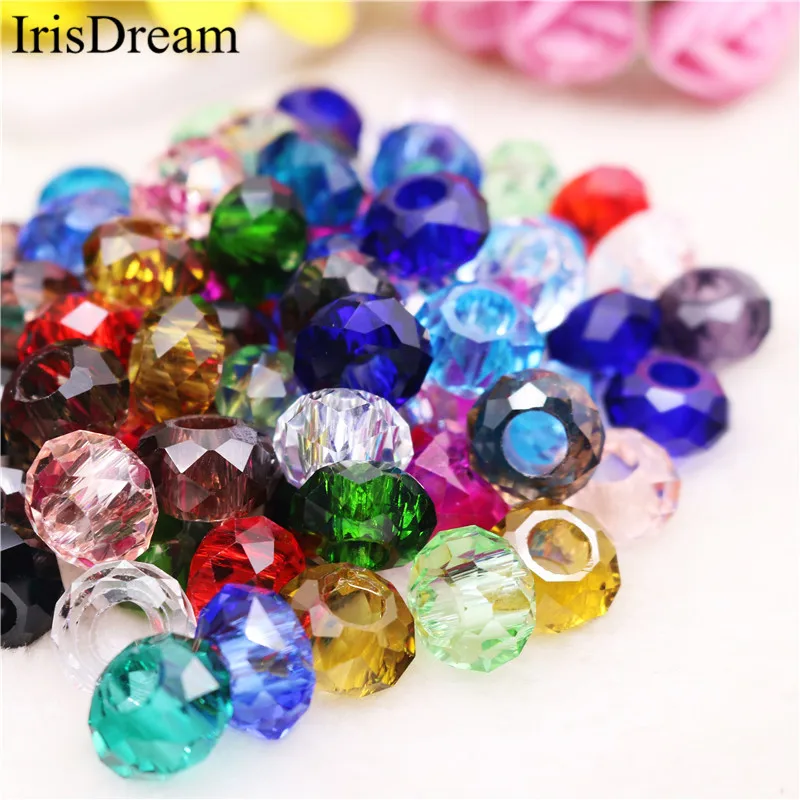 

20Pcs/Lot Solid Color Cut Faceted Big Hole Crystal Plastic Crystal Glass Beads Charm Fit European Pandora Bracelet DIY Jewelry