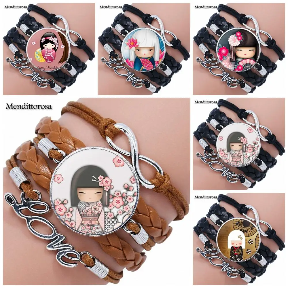 

Cute Japanese Kokeshi Doll Glass Cabochon Anime Jewelry With Multilayer Black/Brown Leather Bracelet Bangle For Girls Best Gift