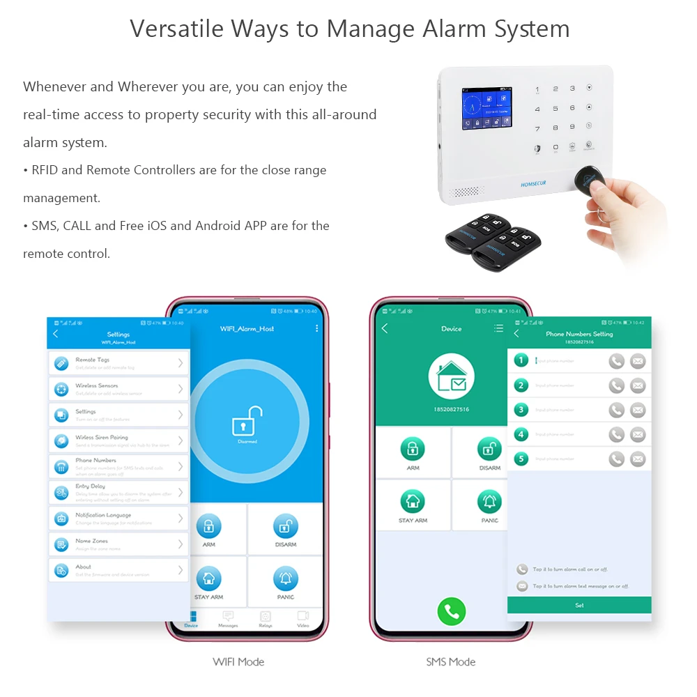 HOMSECUR Wireless 3G/GSM WIFI Home Security Alarm System LA02-3G+Solar Powered Outdoor Strobe Siren PIR Smoke Sensor Door Sensor
