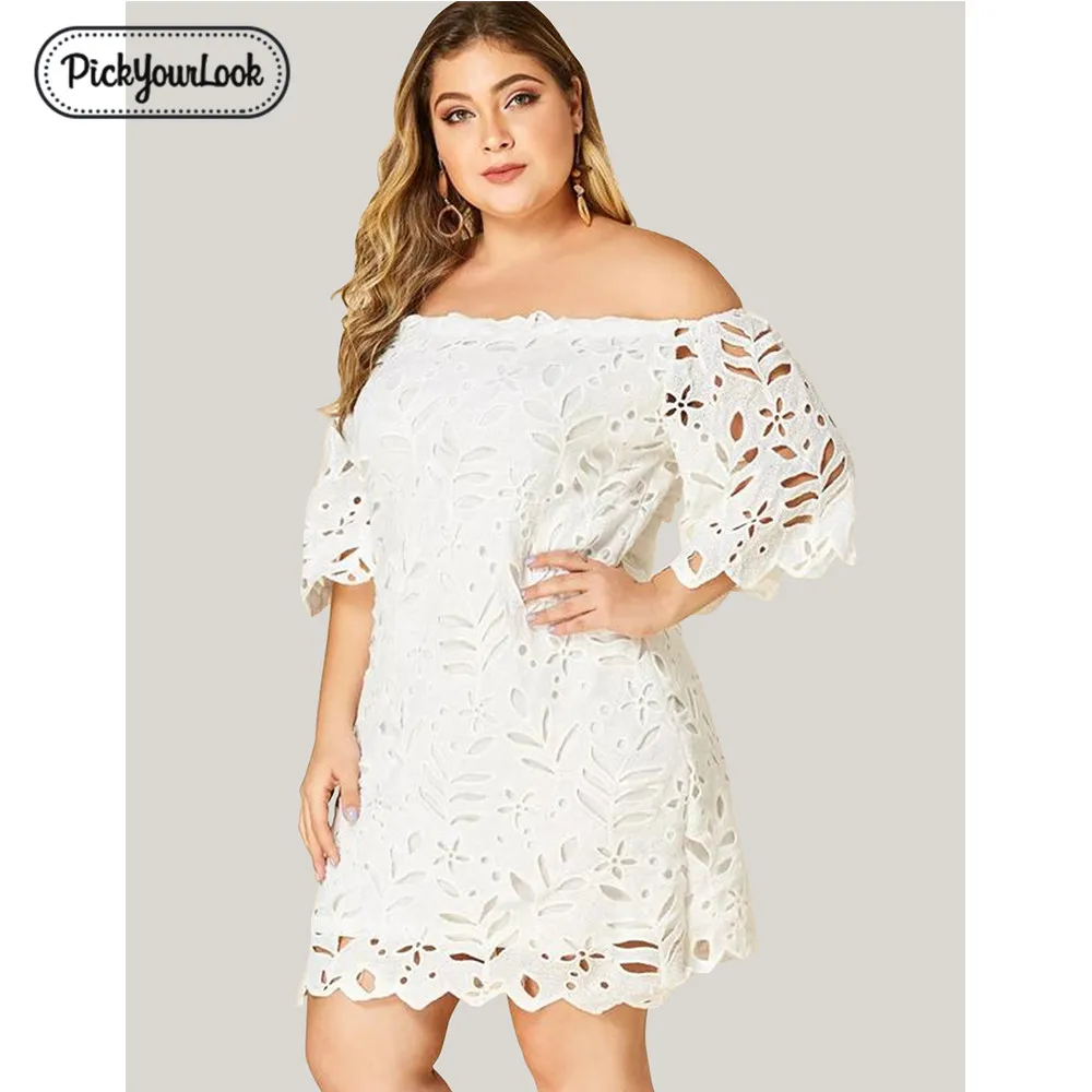 Белый Pickyoulook размера плюс Для женщин миди платье вечерние свадебные летнее открытое кружевное платье с открытыми плечами элегантное платье большой Размеры женская обувь H45 - Цвет: Белый