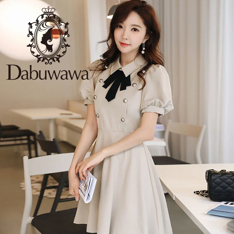 

Dabuwawa 2019 Autumn New Dress Women Ladies Double-breasted Mini Dress Puff Sleeve Bow Elegant Dress DN1BDR029
