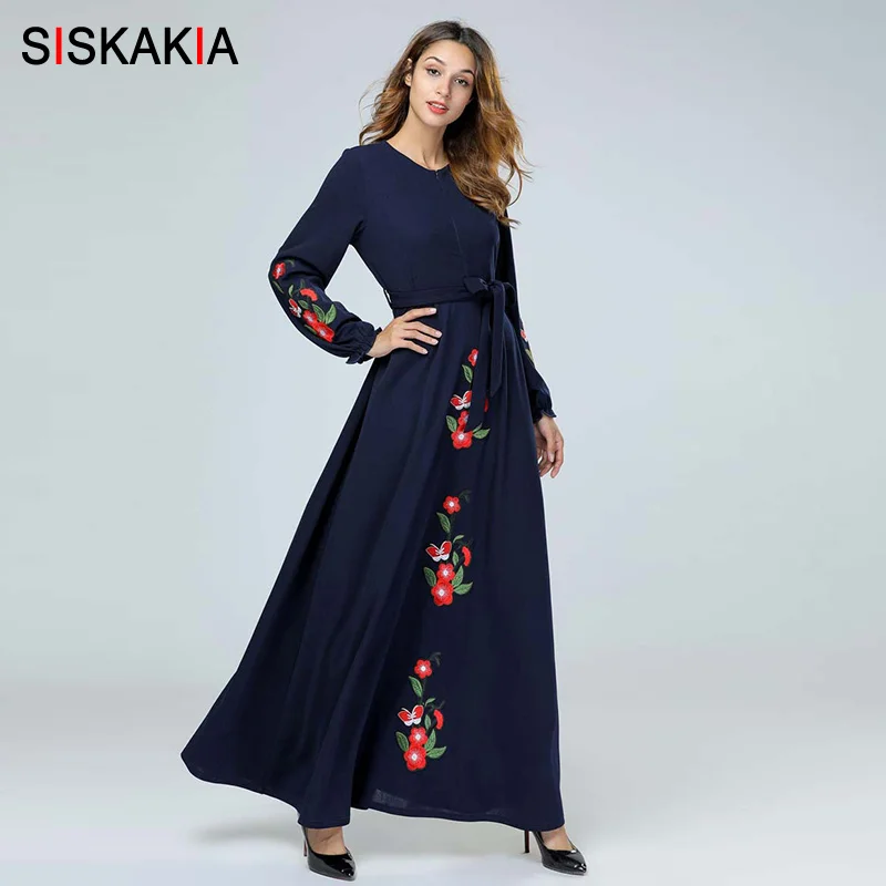 

Siskakia Spring 2019 Women Long Dress Elegant Ethnic Floral Embroidery Maxi Dresses Long sleeve Muslim Arab UAE Clothing Ramadan