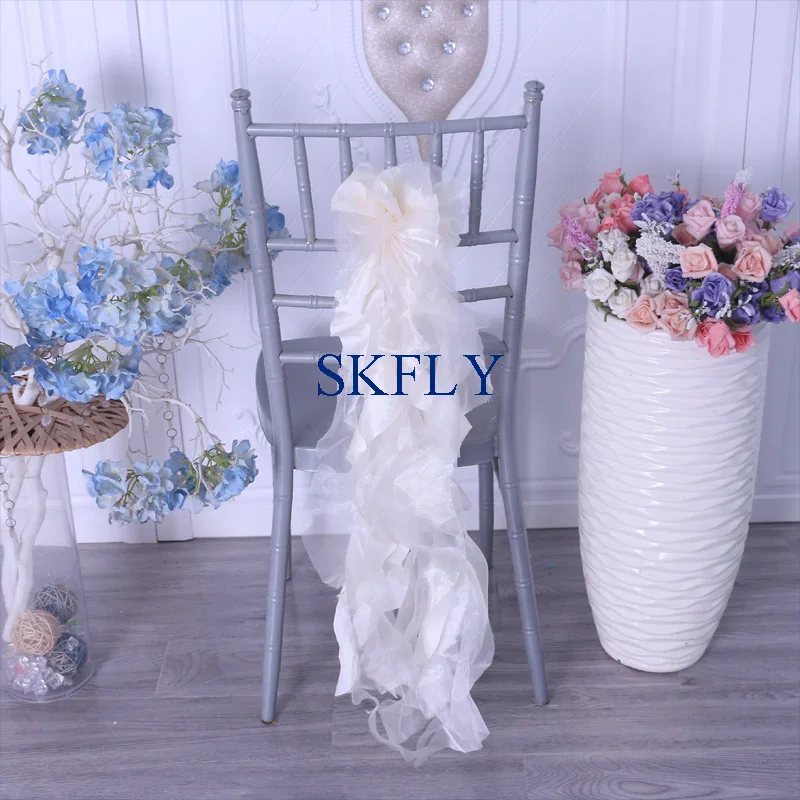 

SH097H many colors free shipping dark ivory fancy very light champagne wedding organza frilly curly willow chair sash