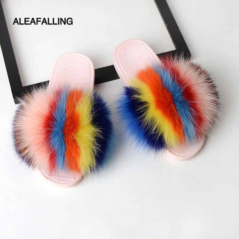 

Aleafalling Fox Fur Slippers Women Fur Home Fluffy Sliders Plush Furry Summer Flats Sweet Ladies Shoes Super Light Cute T81