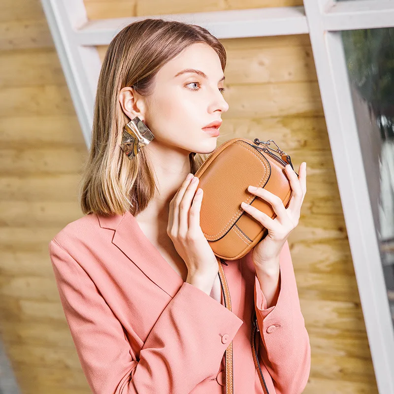 

Leather Small Handbag New Wild Mini Female Top Layer Round Shoulder Bag Messenger Phone Simple Designed Real Modern Bags