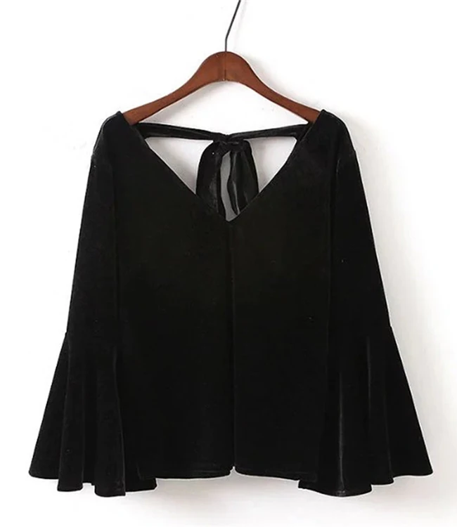 

Free Shipping 2018 New Fashion Plus Size S-10XL Loose V-neck Velvet Long Lantern Sleeve Black And Brown Women Tops Bandage Tees