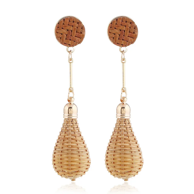 

2018 New Fashion Korean Style Light Bulb Shape Handmade Wooden Straw Weave Rattan Vine Braid Long Drop Earrings Party Jewelry