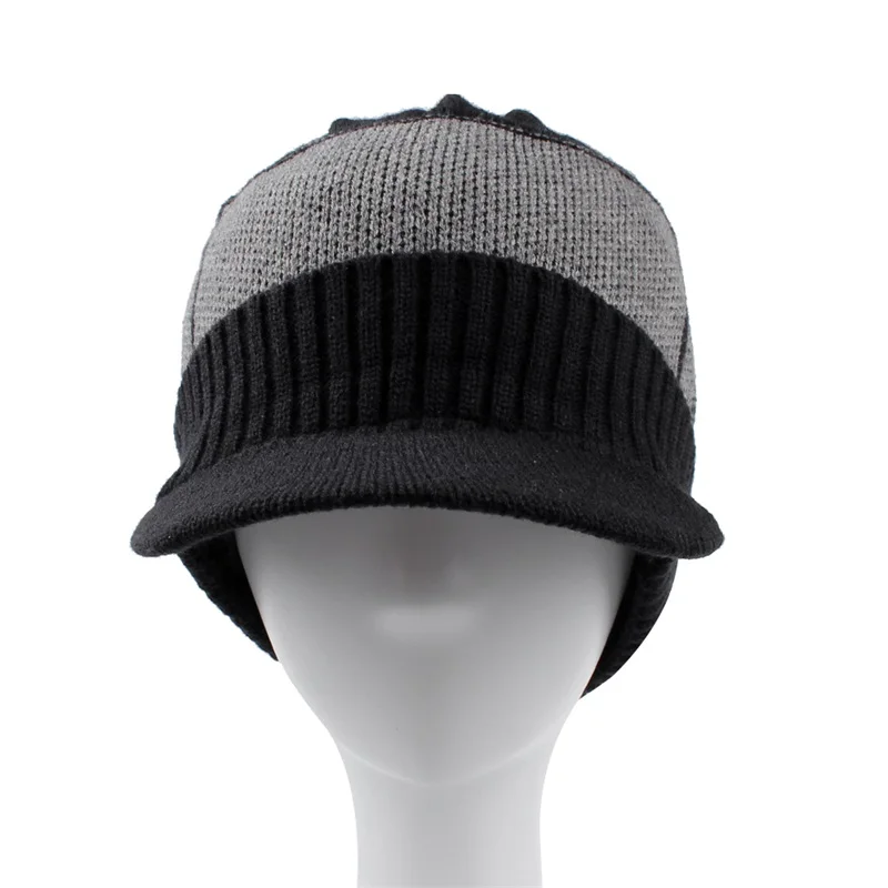 Warm Winter Men Hat Knit Cable Visor Male Beanie Fleece Lining Patchwork Beanie Stripe Newsboy Cap Outdoor Sport Adult Hat  (24)