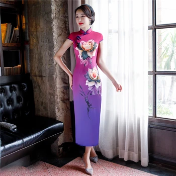 

Elegant Women Satin Cheongsam Print Flower Long Qipao Sexy Slim Evening Dress Female Short Sleeve Vestidos Large Size 4XL