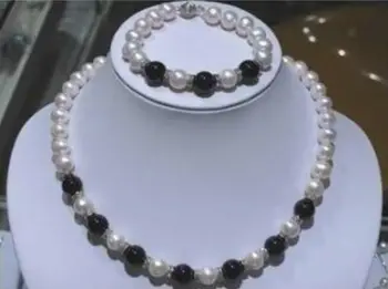 

7-8MM White Pearl And Black Agate Neckalce Bracelet Set AAAWQ