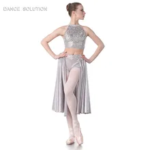 Блестящий танцевальный купальник с юбкой без рукавов, серое полуплатье для взрослых девочек, балет, лирические танцевальные костюмы, 18009