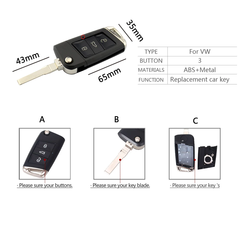 OkeyTech Модифицированная откидная оболочка ключа дистанционного управления для Volkswagen POLO Passat B5 Golf MK5 Beetle Rabbit 3 кнопки Замена ключа автомобиля