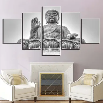 

Religious Wall Art 5 Pieces Canvas Painting Hd Print Buddha Statues Posters Zen Home Decoration Lotus Flower Framework Pictures