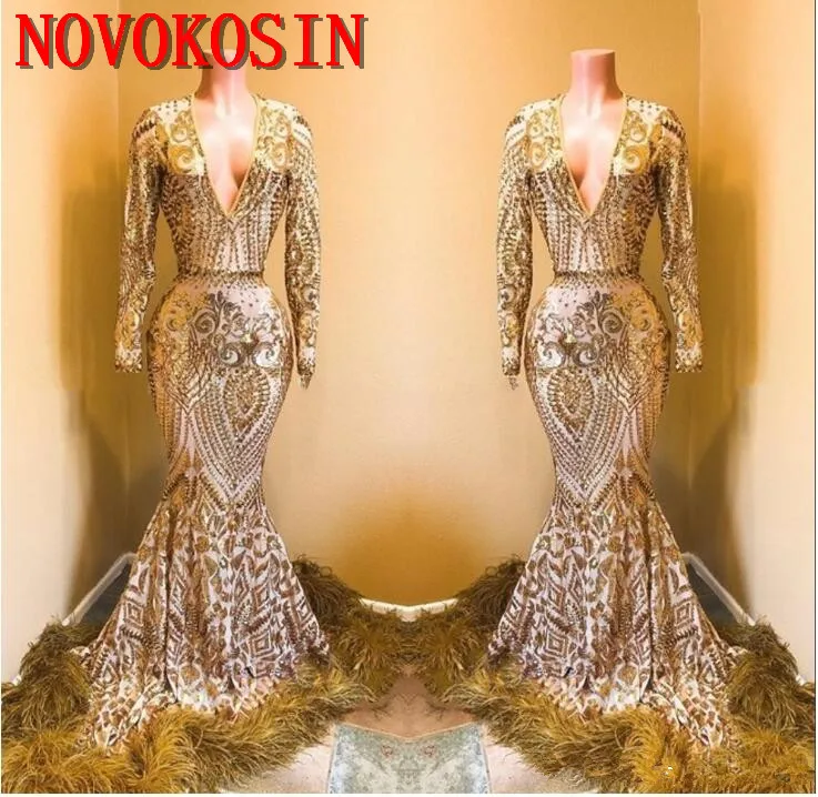 

2019 Sparkly Sequined Gold Mermaid Prom Dress Long Sleeve Deep V Neck Evening Dress Feather Train African Black Girl Party Gown