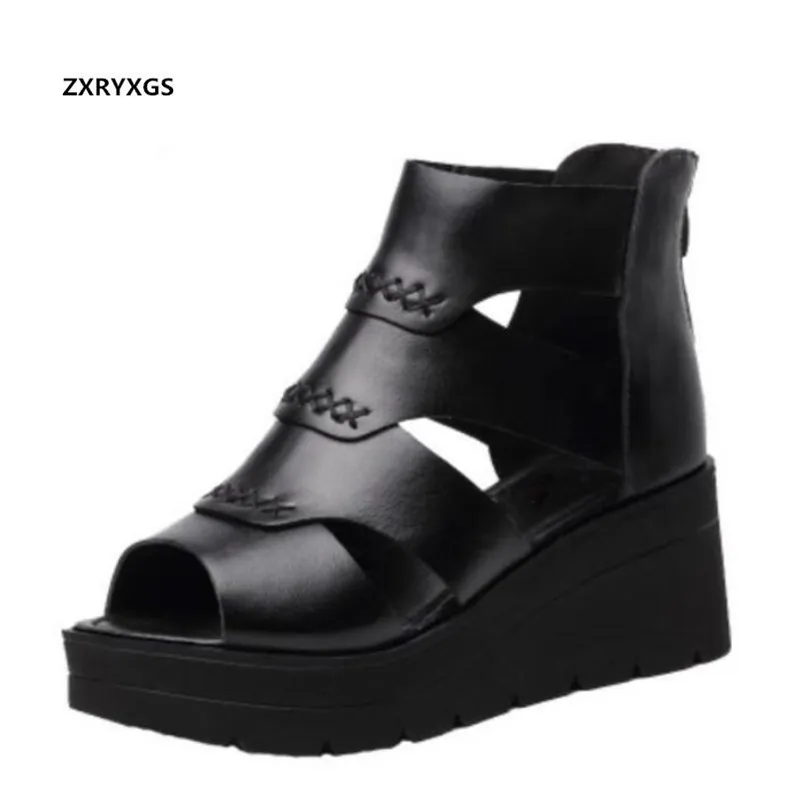 

ZXRYXGS Women Brand Sandals Platform Shoes Wedges Sandals 2023 Summen Women Shoes Sandals Genuine Leather Fashion Sandals Black