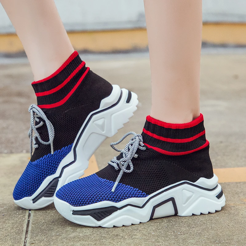 

Knitted High Top Sneakers Women Trainers 2019 Breathable Casual Shoes Trendy Breathable Non Slip Platform Sneakers dad shoes