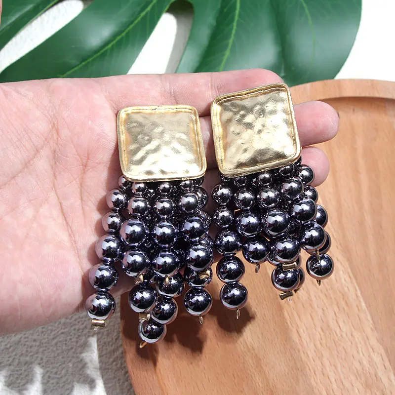 Flatfoosie Alloy Beaded Fringed Drop Earrings For Women Wooden Big Large Tassel Ethnic Dangle Earring Bohemian Unique Jewelry