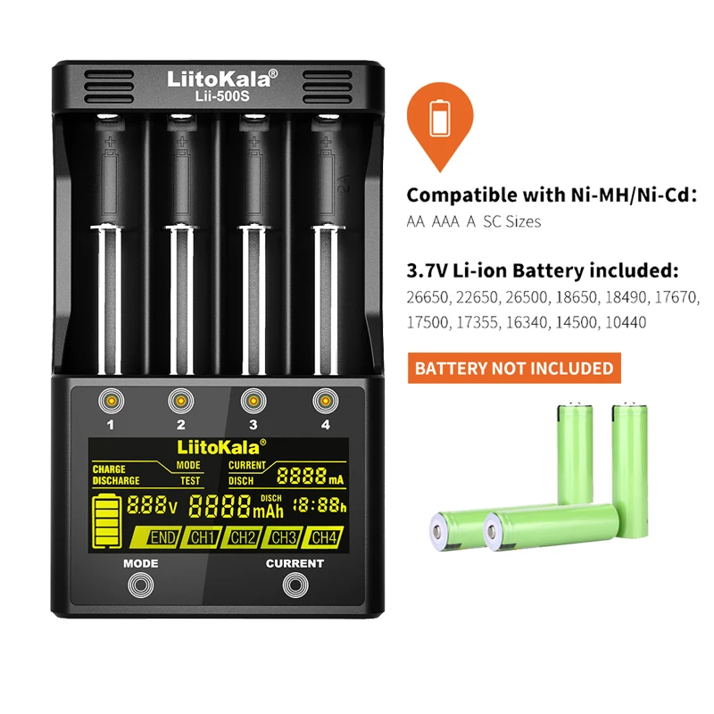 LiitoKala lii-500S 3,7 V 18650 26650 зарядное устройство+ 4 шт 3,7 V 18650 3400mAh INR18650B аккумулятор