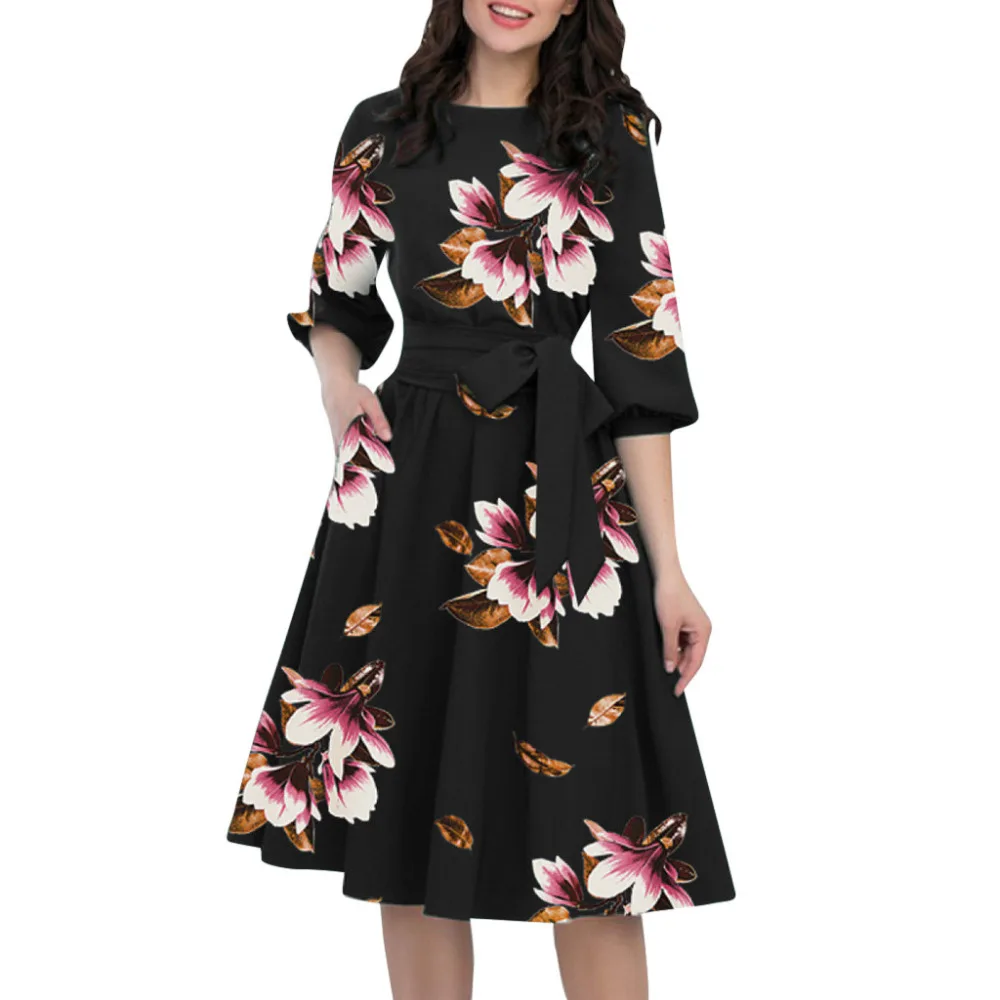 

Women Dress Half Sleeve print dress Sashes Knee-Length Casual Dress