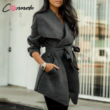 Conmoto Элегантные пальто из твёрдой и смесовой шерсти, модное женское пальто с бантом, женское осенне-зимнее пальто средней длины