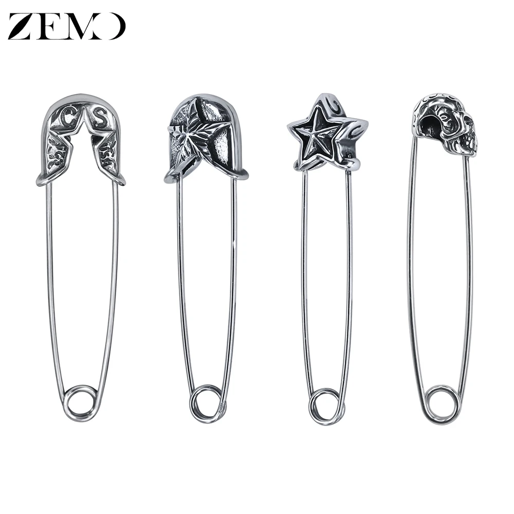 

ZEMO 316L Stainless Steel Punk Safety Pin Long Stud Earrings for Women 1 Pair Gothic Skull Earrings Hip Hop Star Men's Jewelry