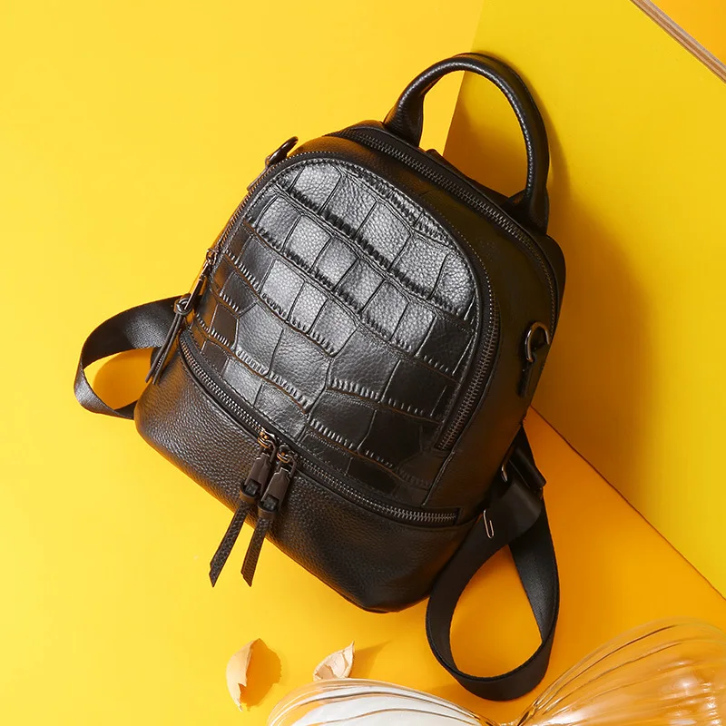 

Fashion Anti Theft Crocodile Pattern Backpack Women Genuine Leather Mini Black Backpack