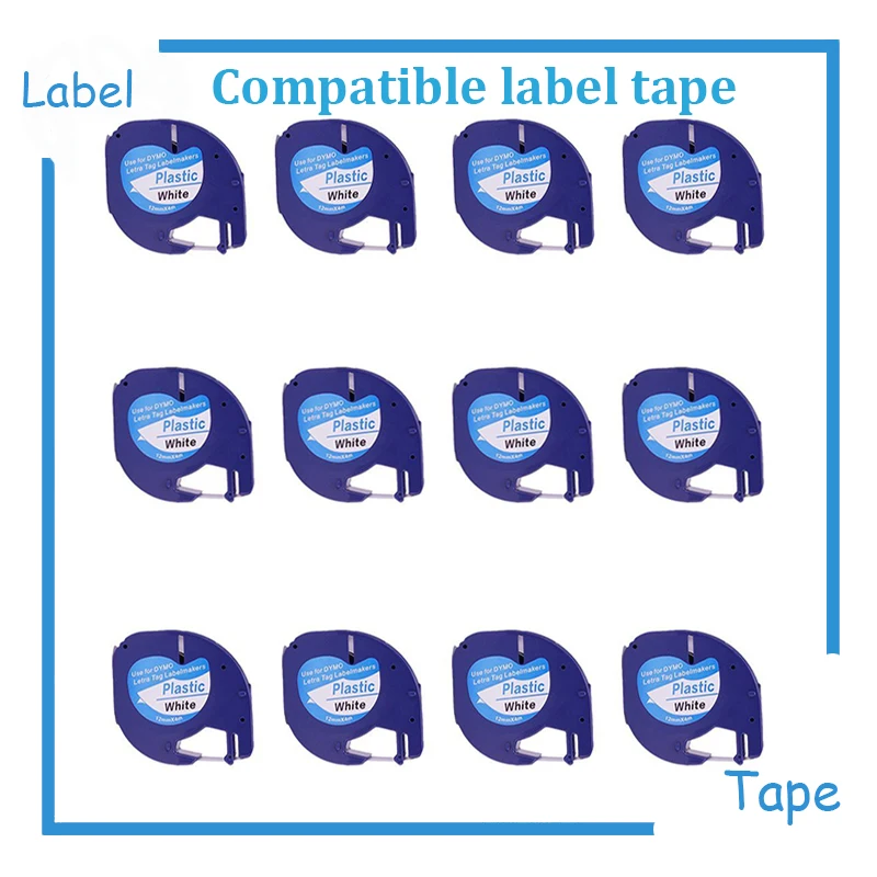 12pk/lot DYMO LetraTag 91331 (91201 91221 59422) Black on White Tape (1