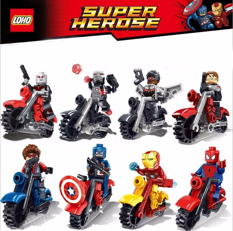 

2017 8PCS The Avengers Super Heroes Motorcycle Building Blocks Set Captain America Ironman spiderman Superman Bricks Toys