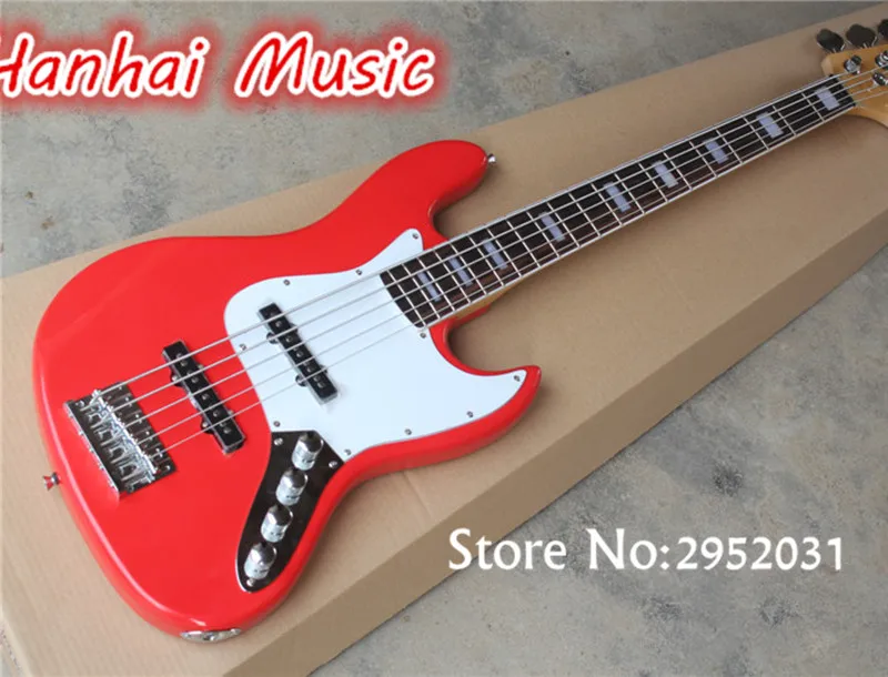 

Hot Sale Custom 5-String Bass Guitar with Red Body,White Pickguard,Active Circuit,Maple Neck,Rosewood Fretboardcan be Customized