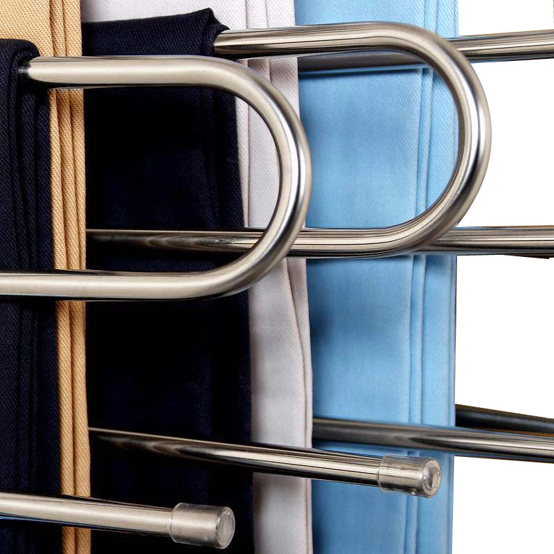 FHEAL 5 Tier Stainless Steel S Type Pants Hangers Multifunction Trouser Tie Scarfs Belt Towel Non-slip Magic Hanger Storage Rack (22)