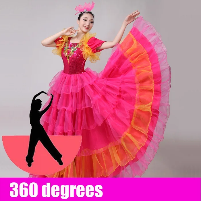 Фламенко платье Для женщин короткий рукав испанский костюм Цыганский костюм для взрослых Испания танцор этап танцевальной одежды показать 360 540 720 юбка DN3578 - Цвет: 360 degree