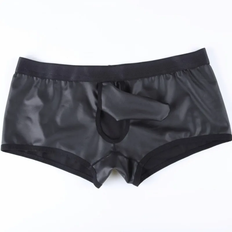 Gay Fetish Men Sexy Shiny Wet Look Boxer Brief with Penis Sheath Open Crotch Shorts Breathable Underwear Lingerie activa stockings